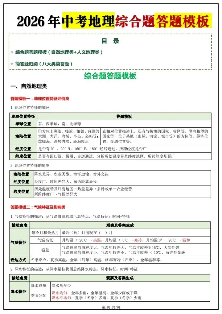 2026年《中考地理》综合题答题模板,完整电子版可打印 第3张