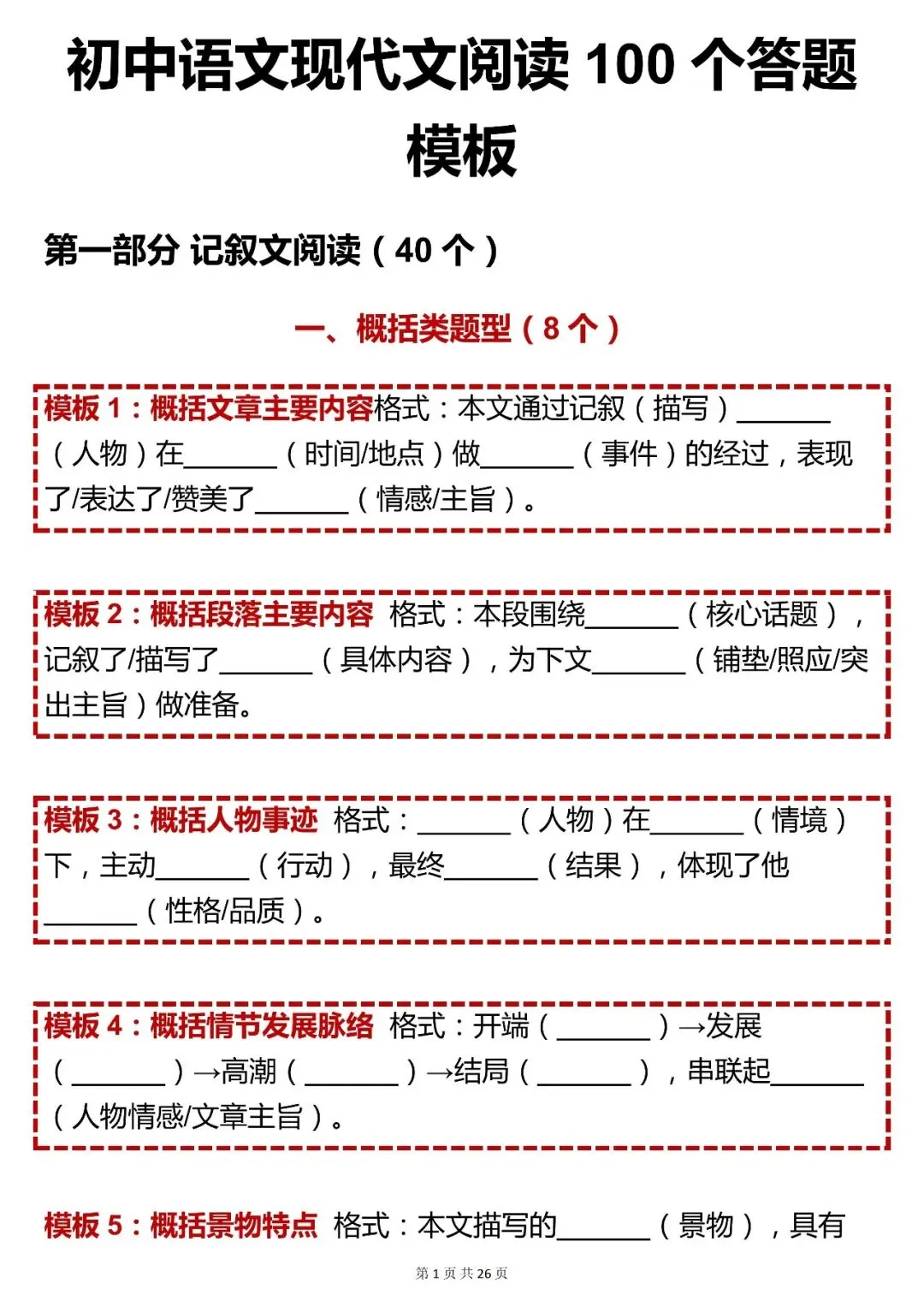 中考语文【初中语文现代文阅读 100 个答题模板】,可打印 快收藏 第1张