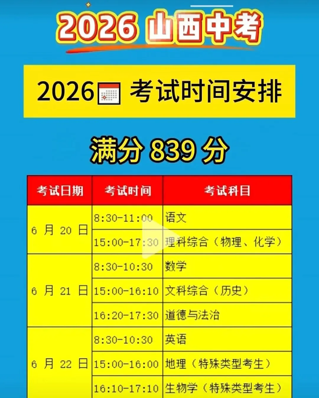 2026年山西中考时间安排 第1张