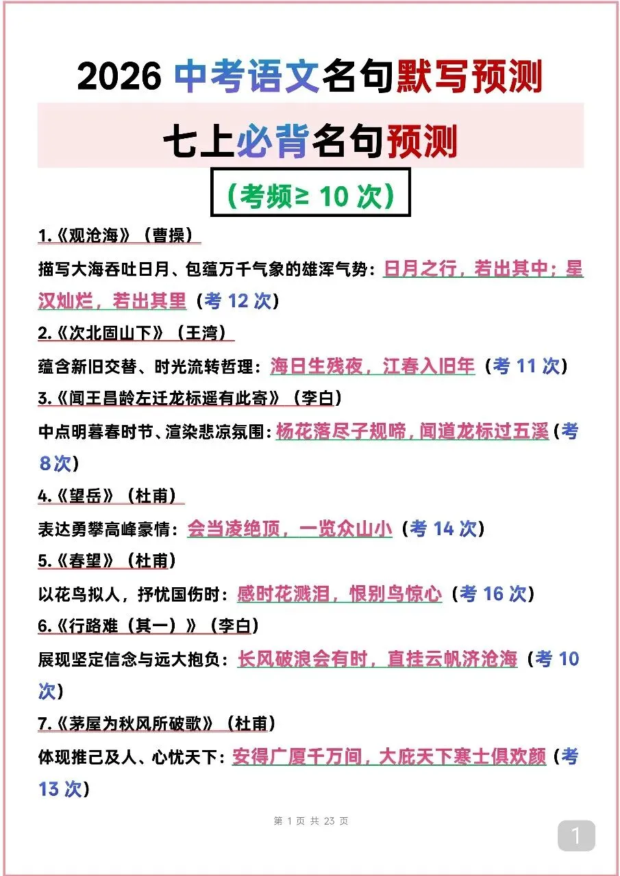可以打印出来背诵的中考语文古诗词默写,考频较高,先背下来 第1张
