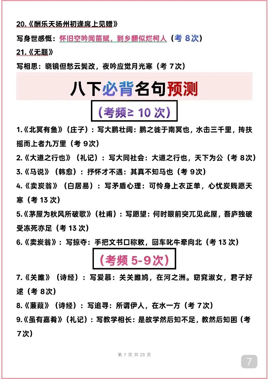 可以打印出来背诵的中考语文古诗词默写,考频较高,先背下来 第7张