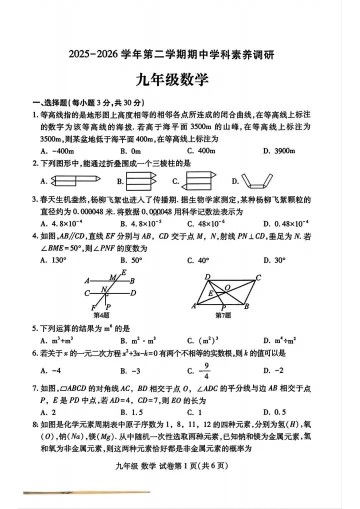 (24)2026年春九年级数学素养调研试卷(可下载) 第1张