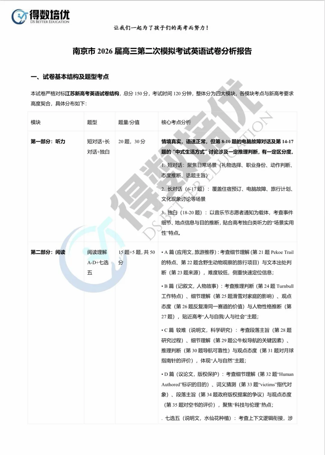 26届南京高三二模英语试卷分析 第1张