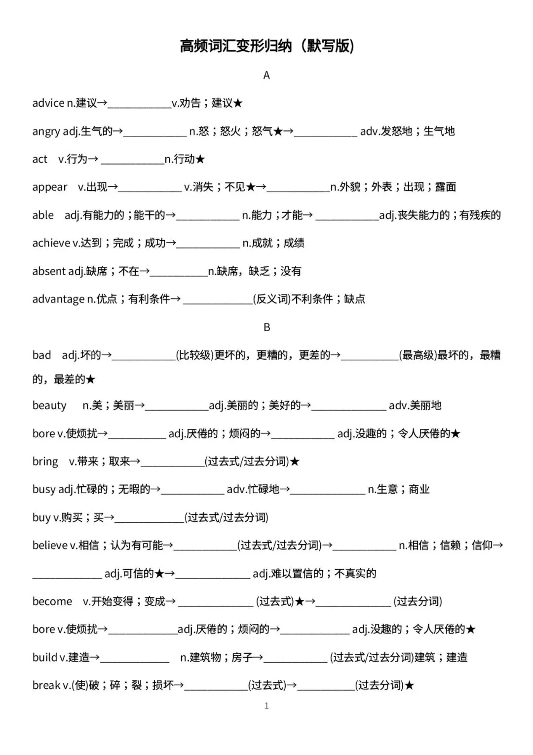 2026深圳中考高频词汇变形归纳(默写版) 第1张