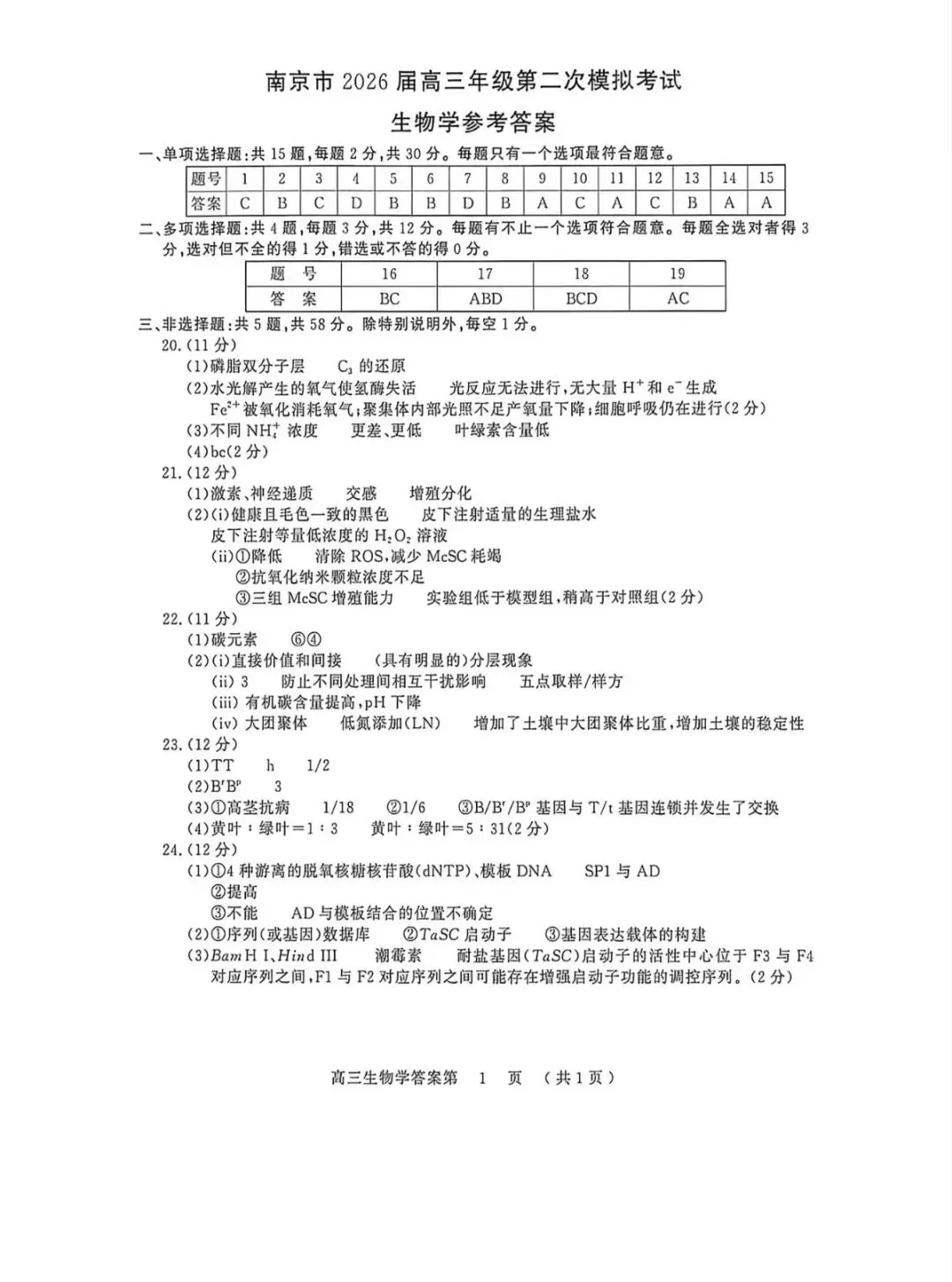 2026年南京高三二模化学试卷、生物学试卷和参考答案 第19张