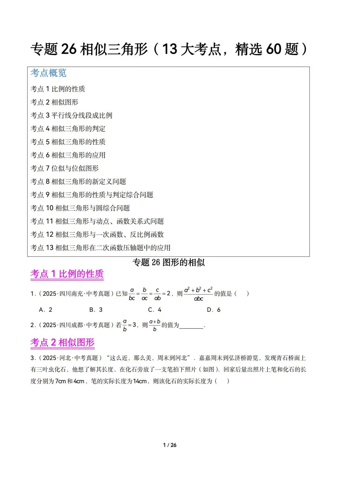 2026中考数学|相似三角形13大考点精选60题(可下载含解析) 第1张