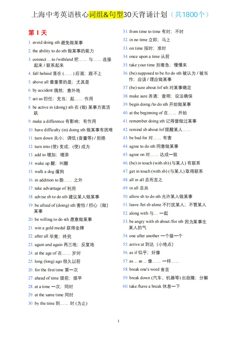 华育中学,上海中考英语新考纲配套【核心词组&句型】30天背诵计划 第5张