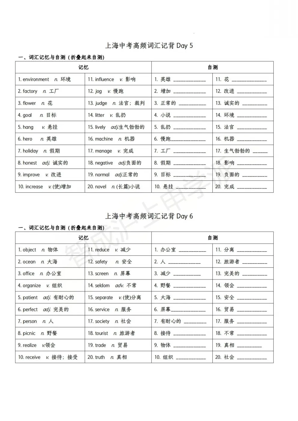 24天搞定上海中考英语高频词汇!12页背诵+自测打卡,直接打印就能用 第13张