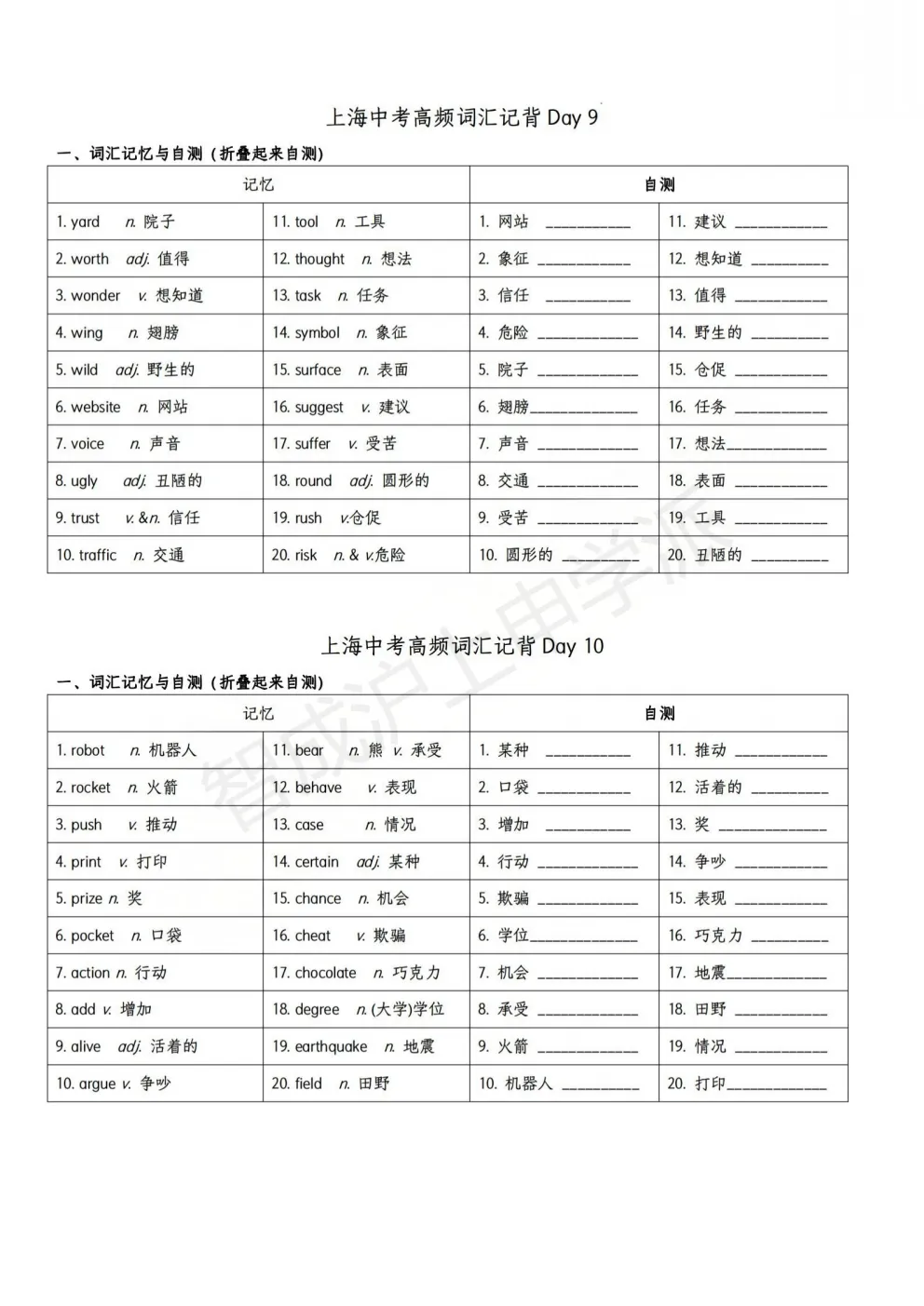 24天搞定上海中考英语高频词汇!12页背诵+自测打卡,直接打印就能用 第20张