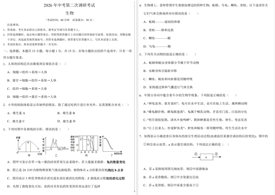 【小中考】太原市2026年中考第二次调研考试试卷(生物&地理) 第2张