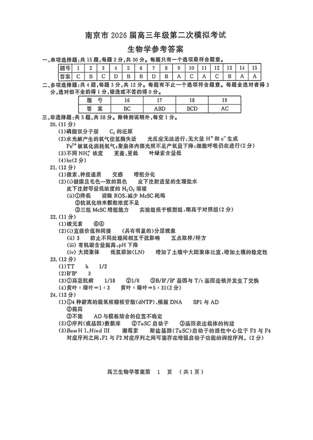 江苏省南京市2026年5月高三第二次模拟考试生物试卷及答案 第2张