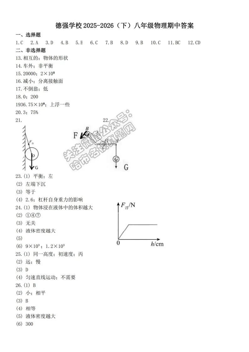 2026德强中学八年级下物理期中考试 试卷+答案 第10张