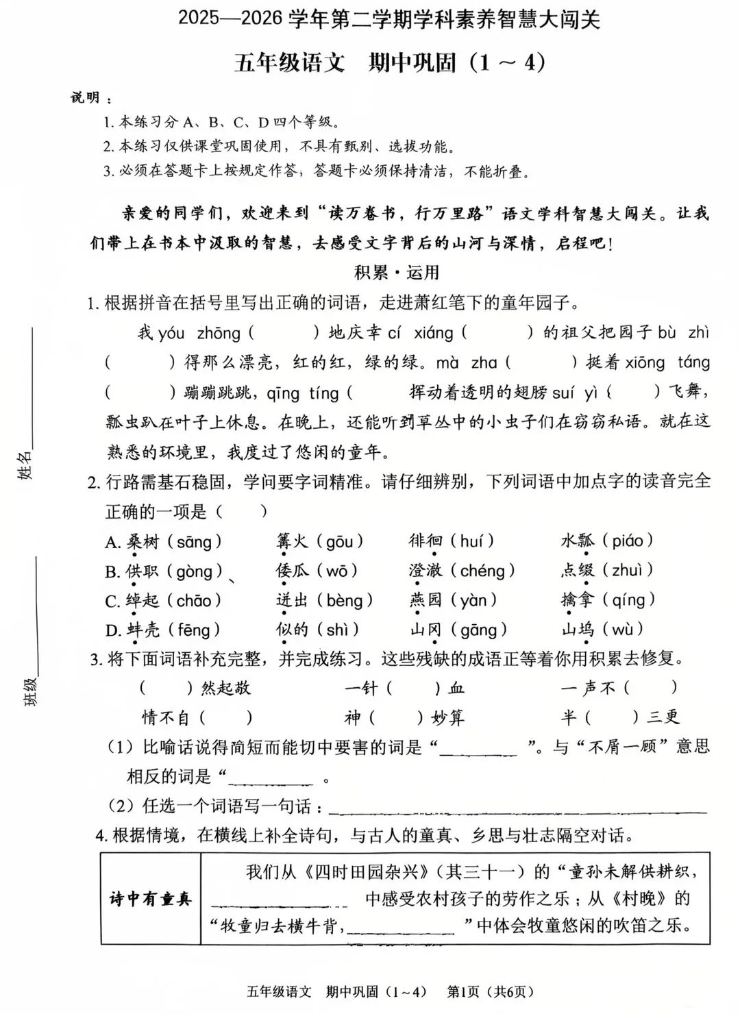2026龙华区五下语文期中考试试卷 第1张