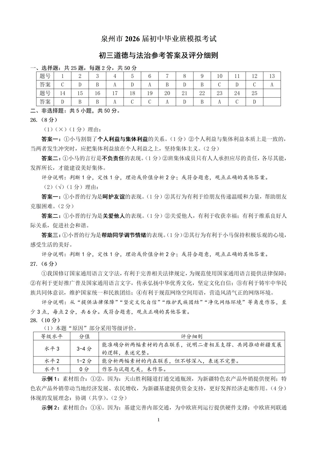 泉州市2026届初中毕业班模拟考试初三道德与法治 第5张