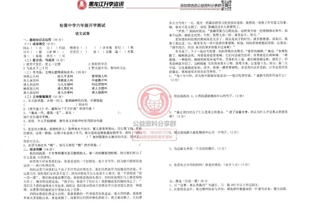 松雷六上开学测试-语文试卷 第3张