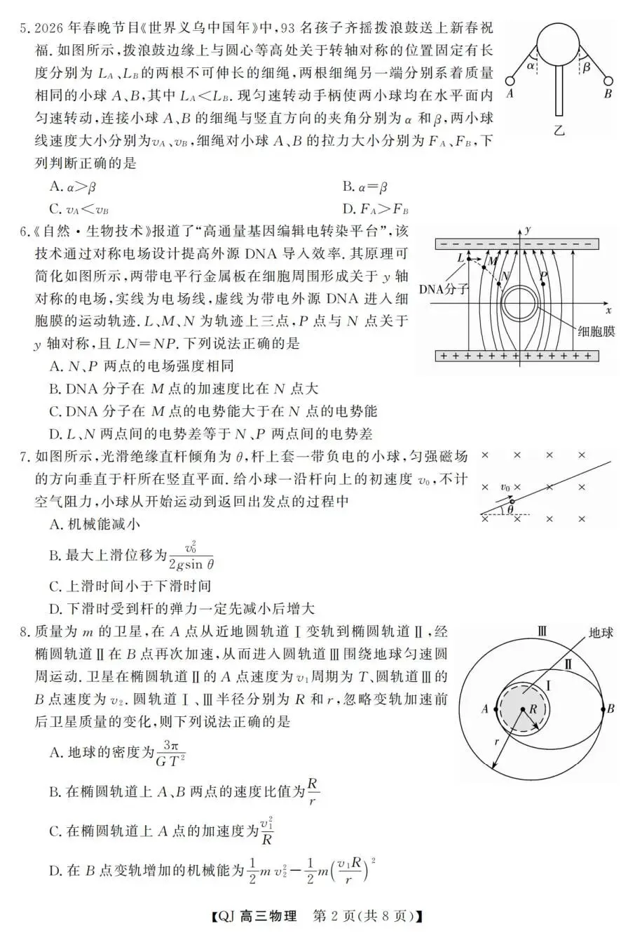 高考|强基联盟2025年5月高三物理试卷、答案及评分标准 第5张