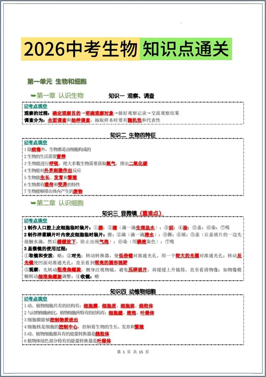 中考生物|全册核心知识点汇总(背诵版+填空版)吃透这份生物知识点,学霸都在背 第2张