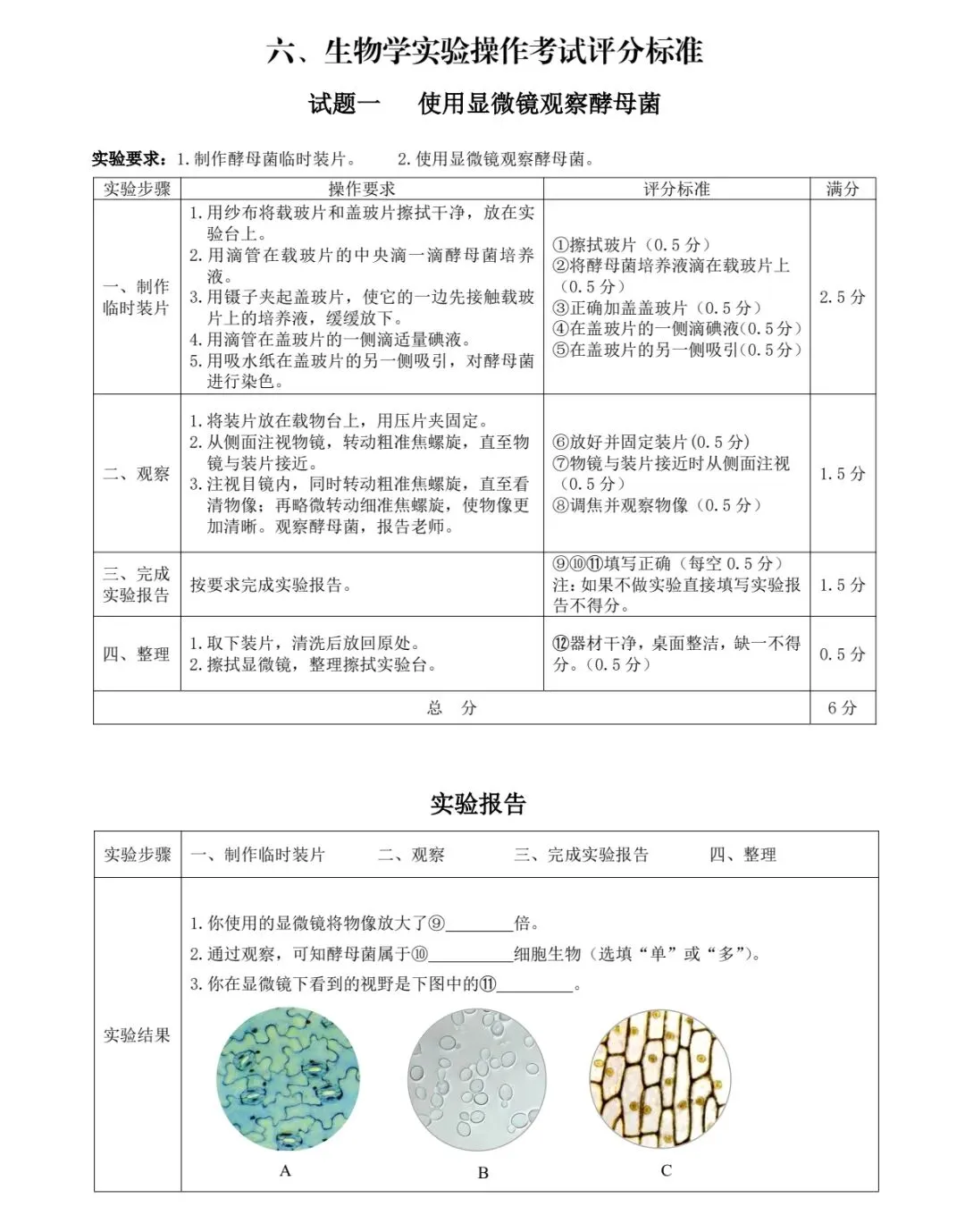 初中生物 | 中考生物实验操作考试试题(含评分标准) 第3张