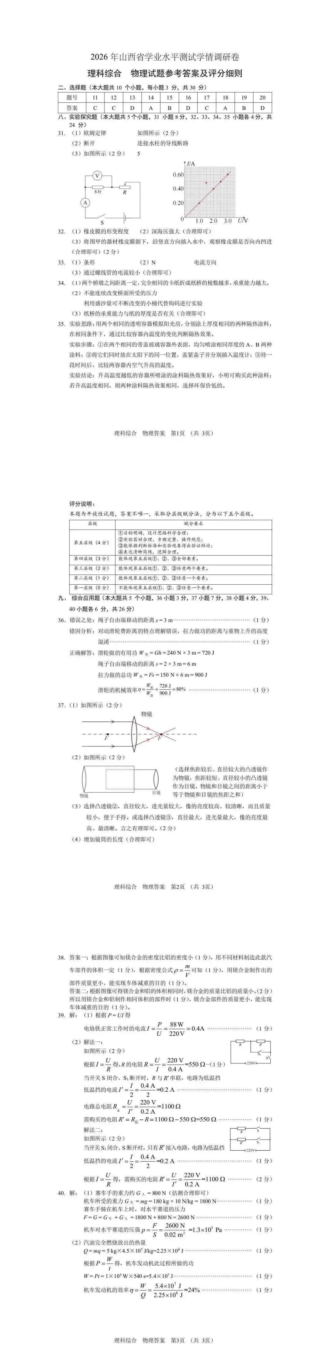 试卷分享|2026年山西省初中学业水平学情调研卷理综+答案+答题卡 第16张
