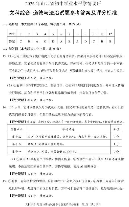 2026年5月山西地区初中毕业考试道德与法治模拟试卷附答案 第9张