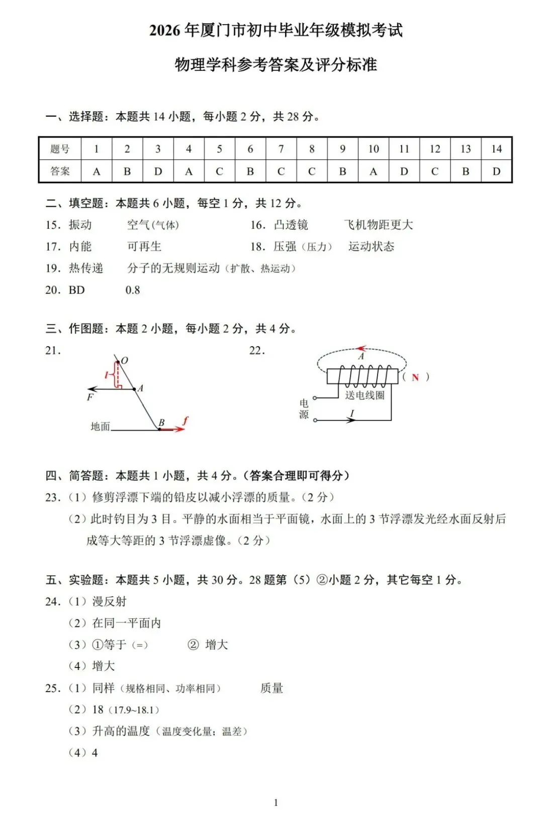 【备战中考】2026年厦门市初中毕业年级模拟考试物理试题与参考答案 第12张