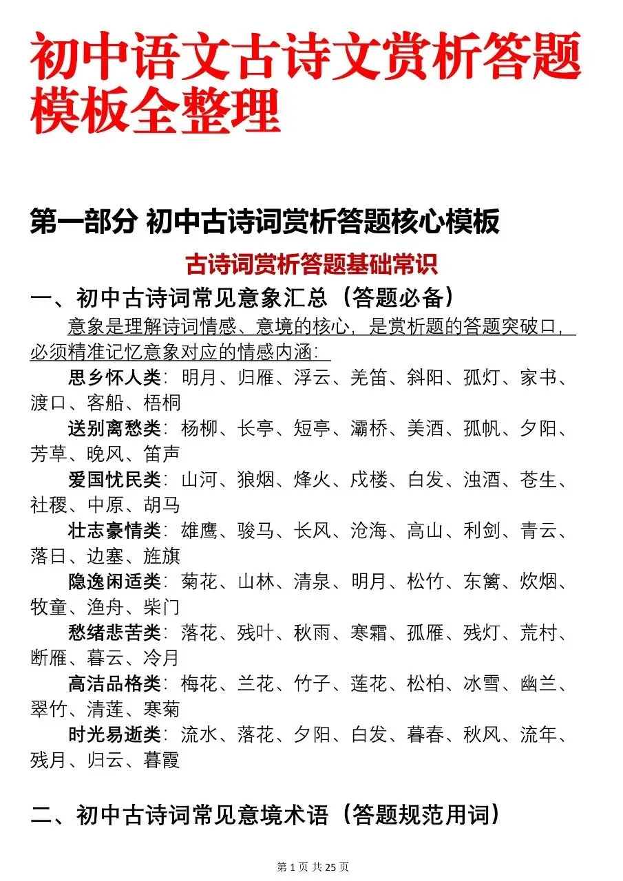 可以打印出来背诵的2026中考古诗文赏析答题模板整理汇总,很全! 第1张