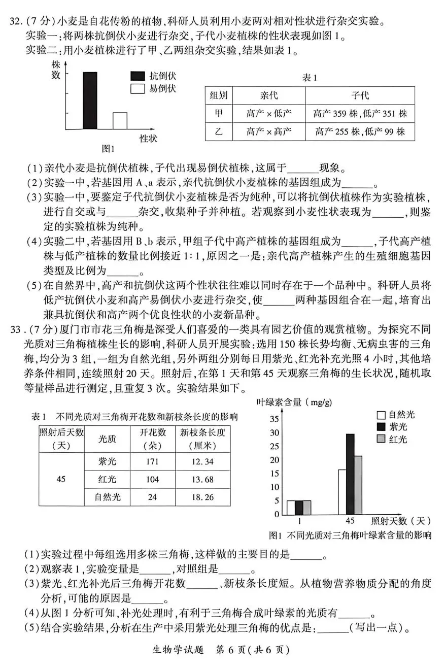 初中生物中考复习5月质检福建厦门市统考试卷+参考答案,有pdf文档 第6张