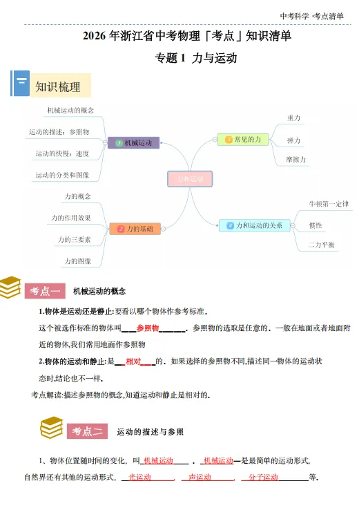 2026年浙江中考科学考点知识清单【物·化·生·地】(必 看) 第2张 2026年浙江中考科学考点知识清单【物·化·生·地】(必 看) 第2张