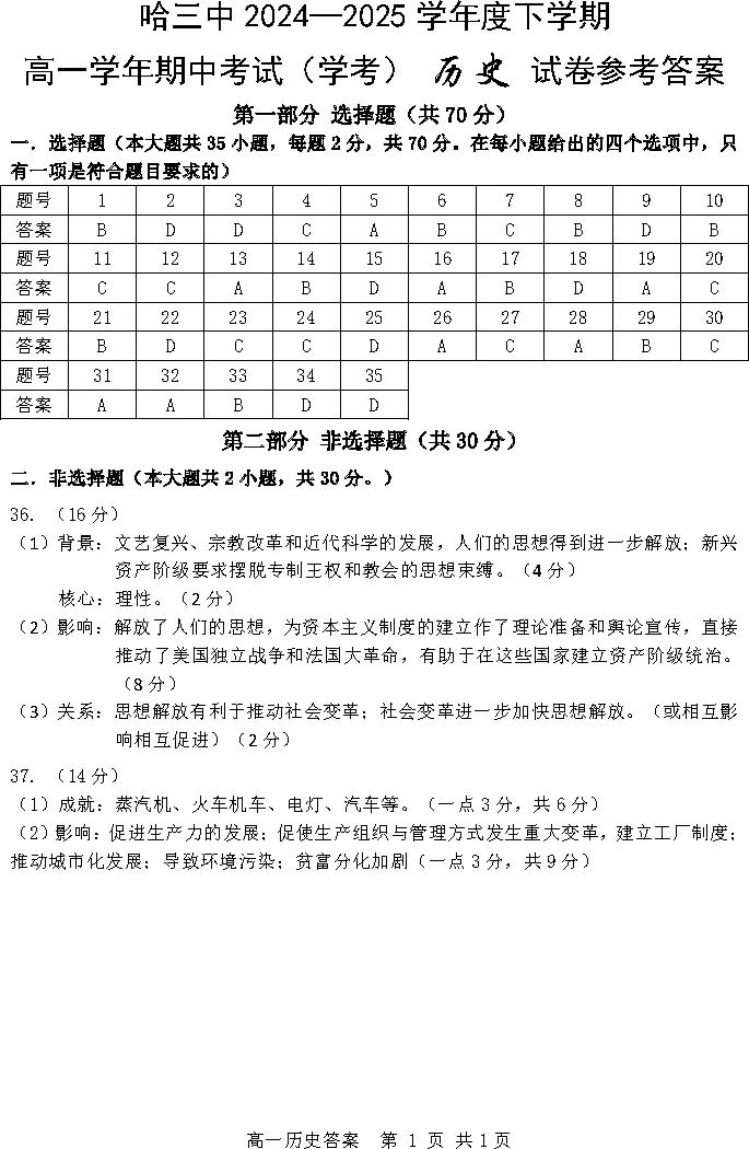 哈三中2024-2025高一下期中历史试卷附答案 第8张