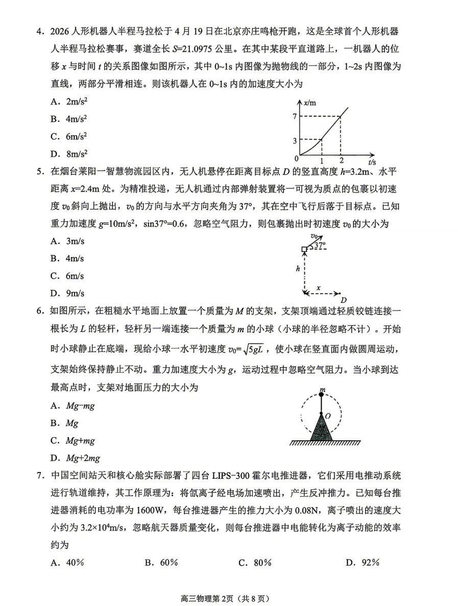烟台市2026届高三第二次模拟考试物理试题及答案解析 第2张