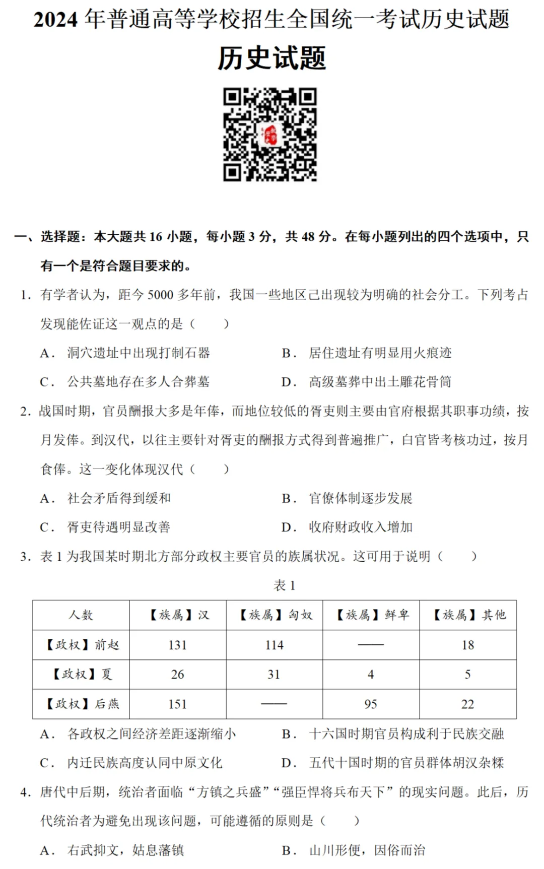 高考真题|2024年高考贵州卷历史试题和答案 第1张