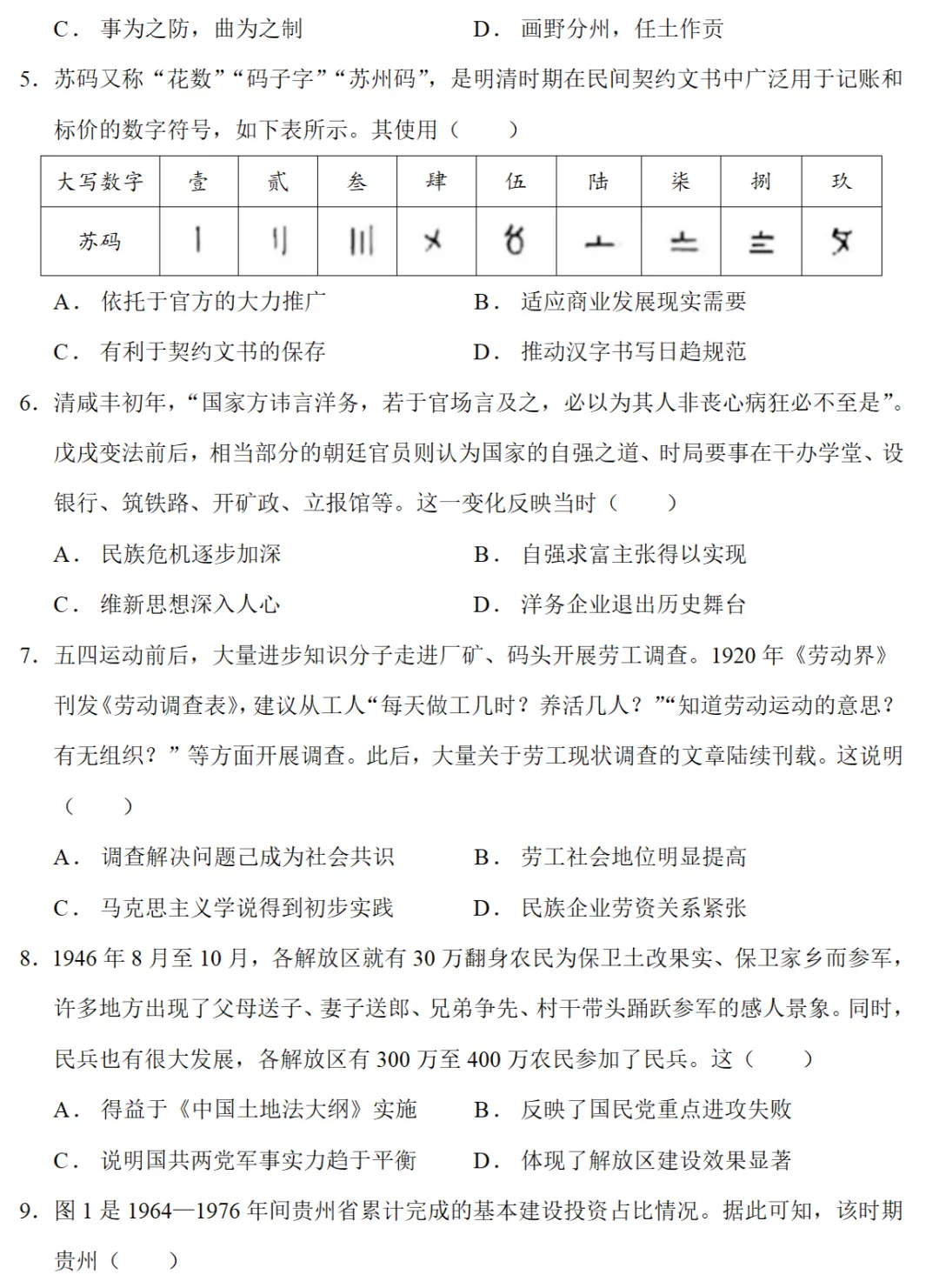 高考真题|2024年高考贵州卷历史试题和答案 第2张