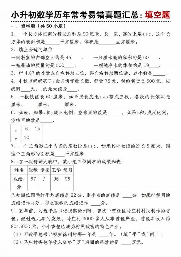 《小升初数学历年常考易错真题汇总:填空题》 苏教版 (含答案、分析、详解、共31页,电子档可打印) 第1张