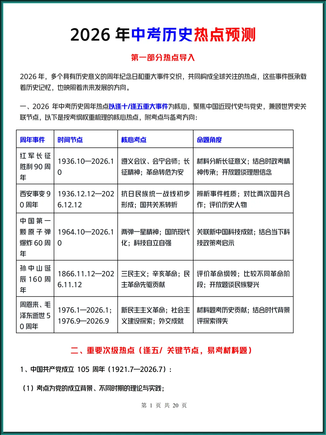 2026:中考历史必考热点预测高分必备!可打印~ 第1张