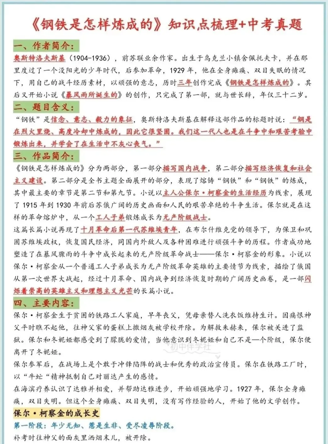 《钢铁是怎样炼成的》名著考点及精选真题 第1张