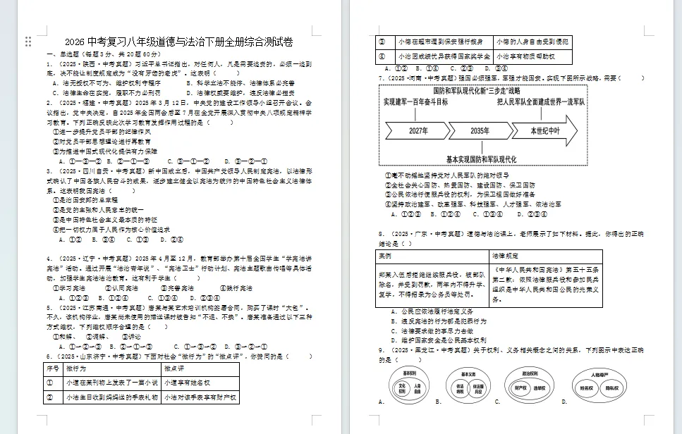 2026中考复习八年级道德与法治下册全册综合测试卷(含解析)22页 第1张