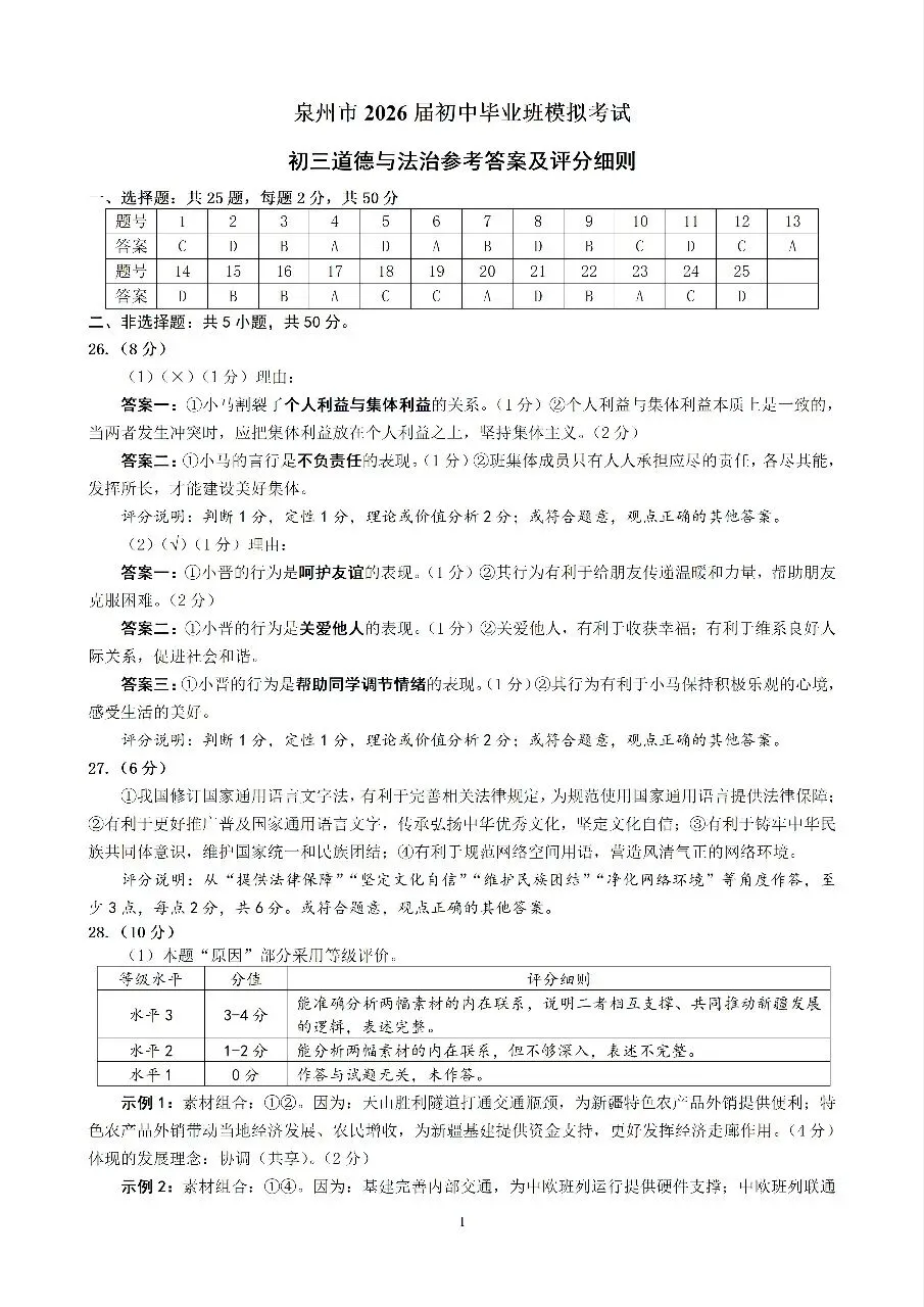 【试题资源】泉州市 2026届初中毕业班模拟考试道德与法治试题及参考答案 第7张