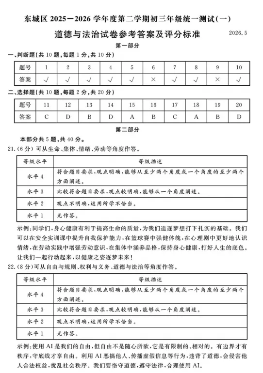 2026年5月北京地区初中毕业考试道德与法治模拟试卷附答案 第9张