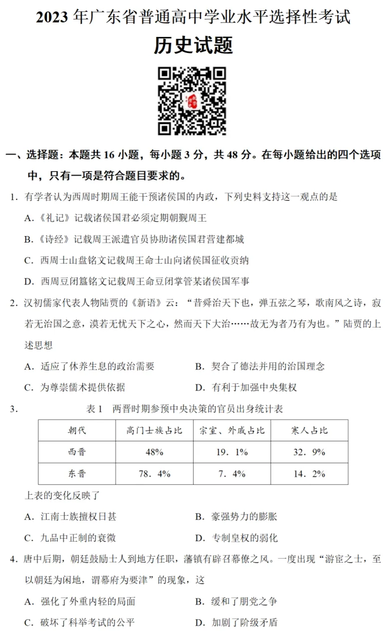 高考真题|2023年高考广东卷历史试题和答案 第1张