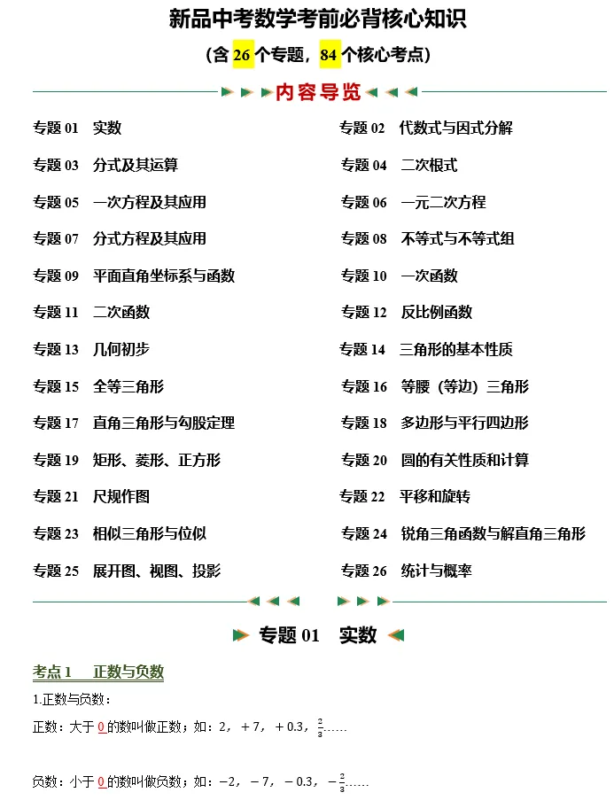 最新中考数学考前必背基础知识公式含26个专题84个考点,挖空和答案版,word可以编辑打印,全国通用 第1张