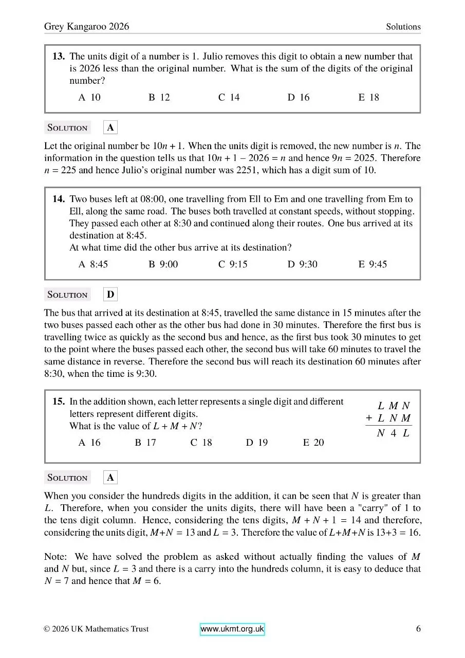 2026年英国中级数学灰袋鼠竞赛真题及答案 第10张