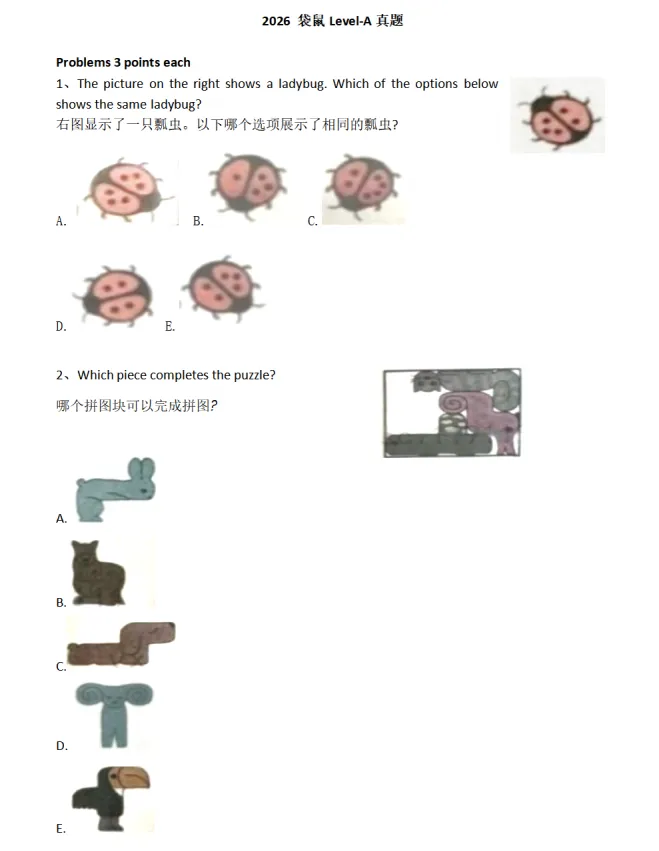 2026袋鼠数学竞赛真题:A/B/C等级 第1张