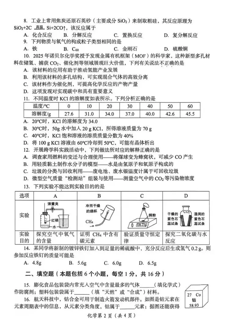 2026年洛阳市一模化学试卷和答案 第2张