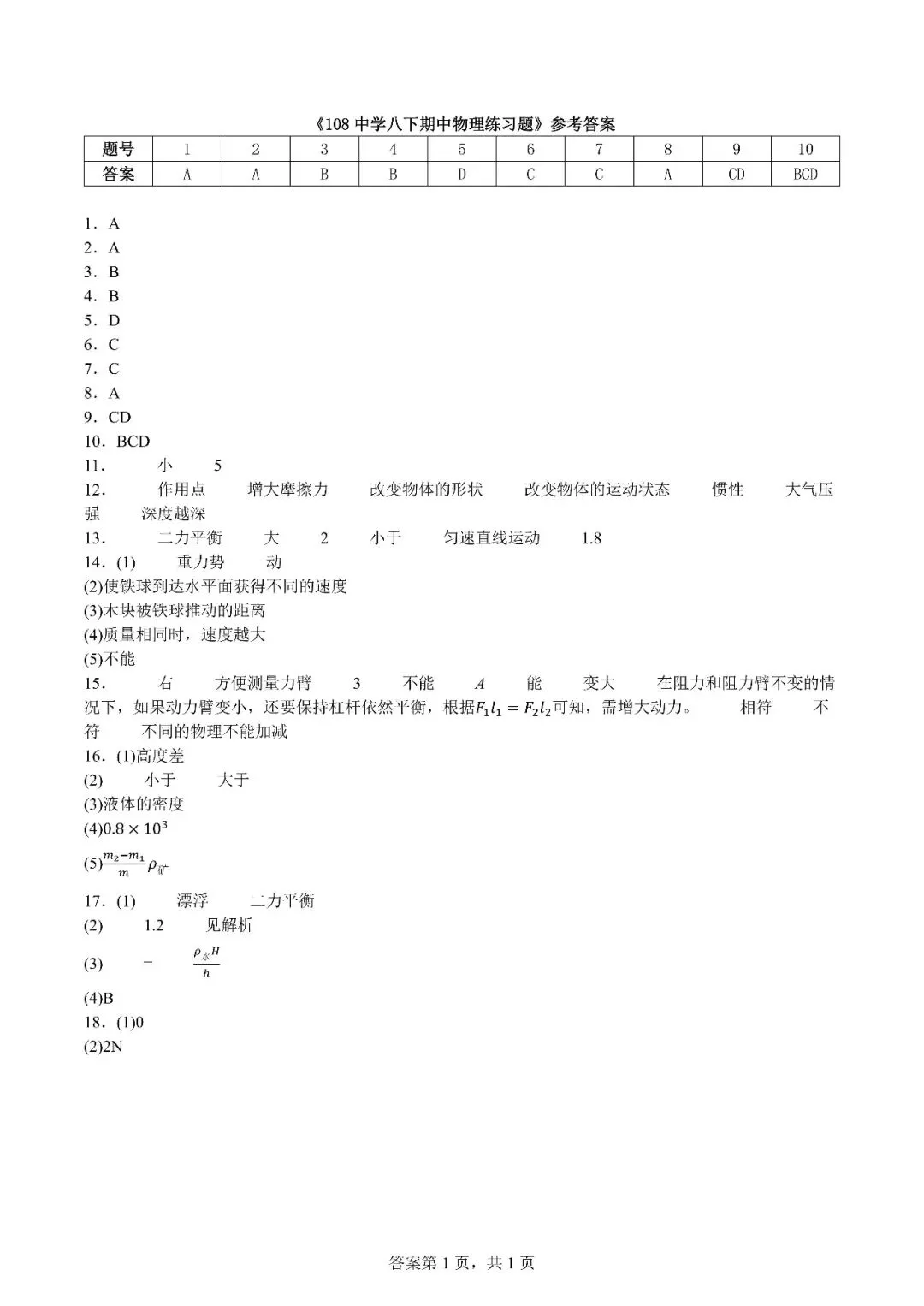 长春108中学八下期中物理试卷 第5张
