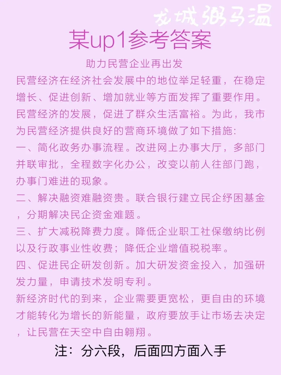 申论真题实操训练 公文题 系列2(4)假如省里召开“助力民营企业再出发”座谈会,邀请F市市长介绍有关经验,请为市长写一份发言提纲. 第6张