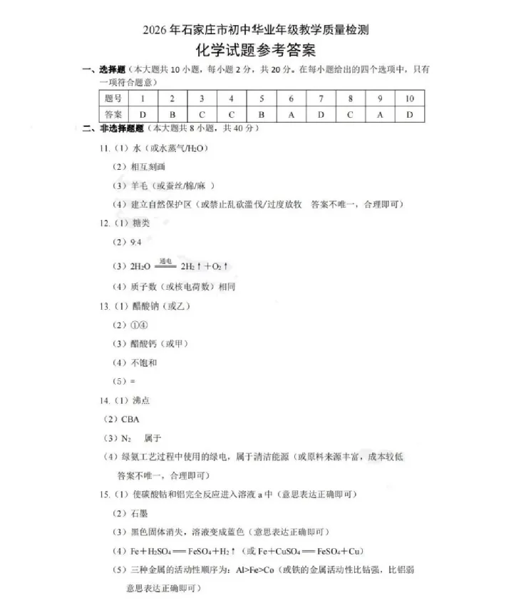 2026年中考模拟 河北省石家庄市 化学试卷及参考答案 智慧化学教学 出峡飞舟 昌图县杨智超初中化学名师种子工作室 第19张