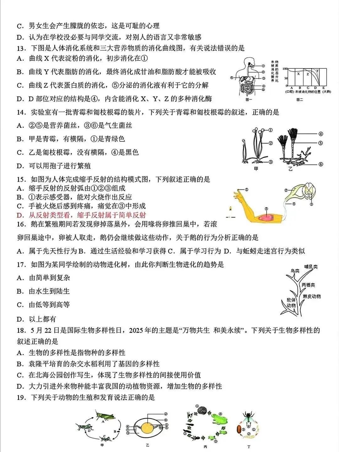 2025年山东省临沂市费县二模生物试卷(含答案) 第4张