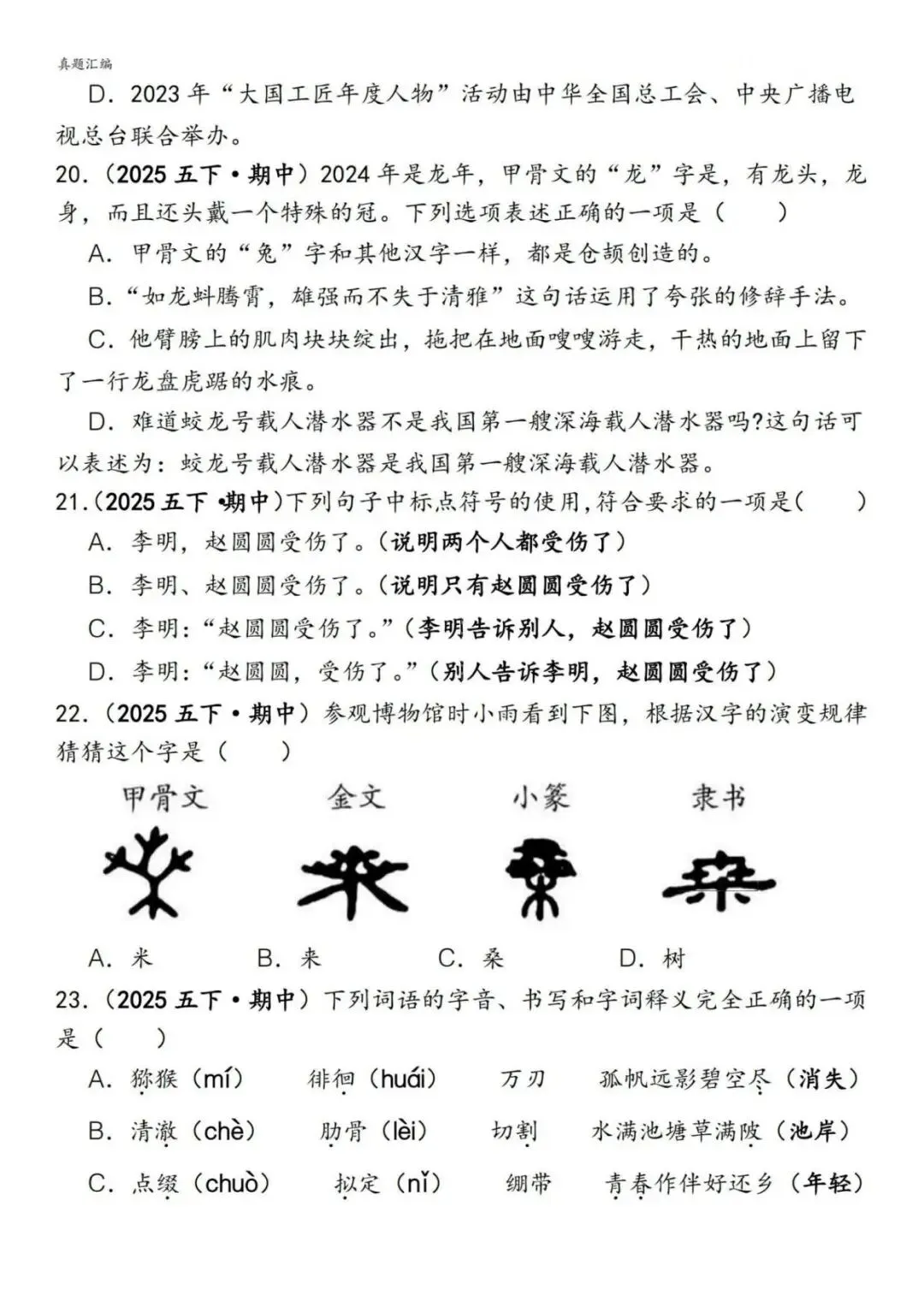五下册语文期中易错真题专练选择题150道,电子版可打印 第5张