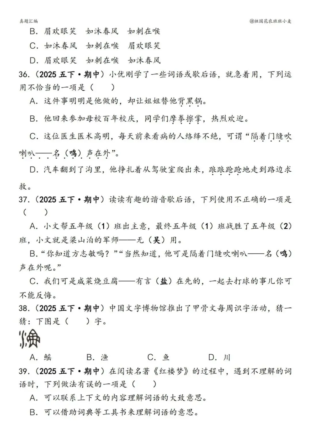 五下册语文期中易错真题专练选择题150道,电子版可打印 第9张