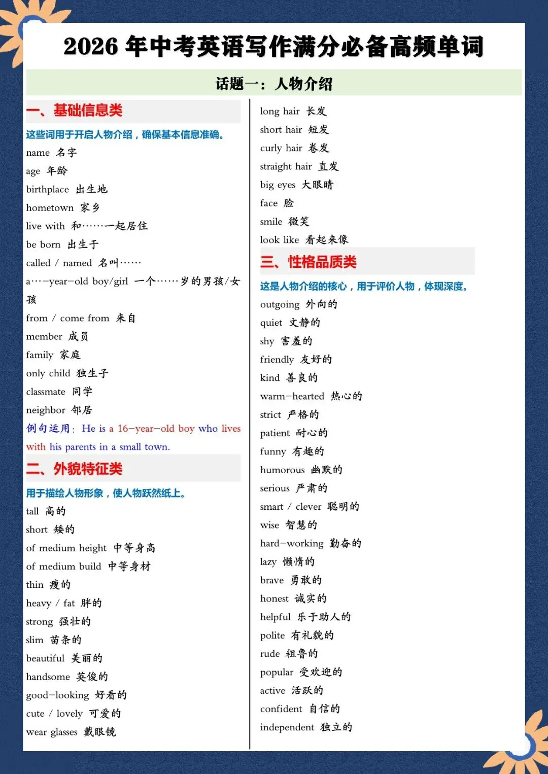 2026 春人教版中考英语满分作文高频单词+模板知识点总结(默写版+背诵版)(电子版可打印) 第2张